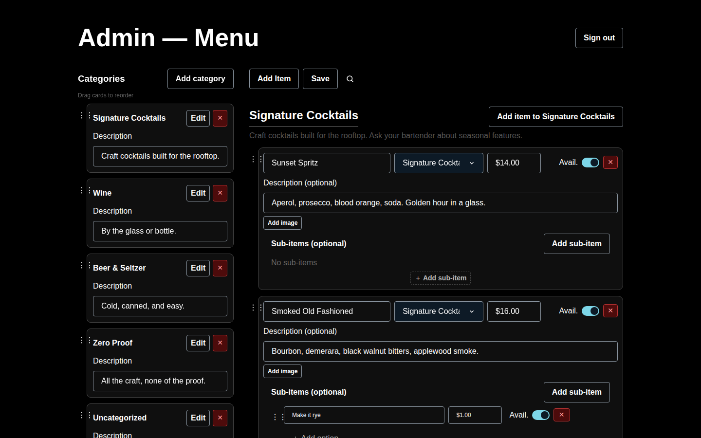 Menu admin interface with category cards and per-item editing