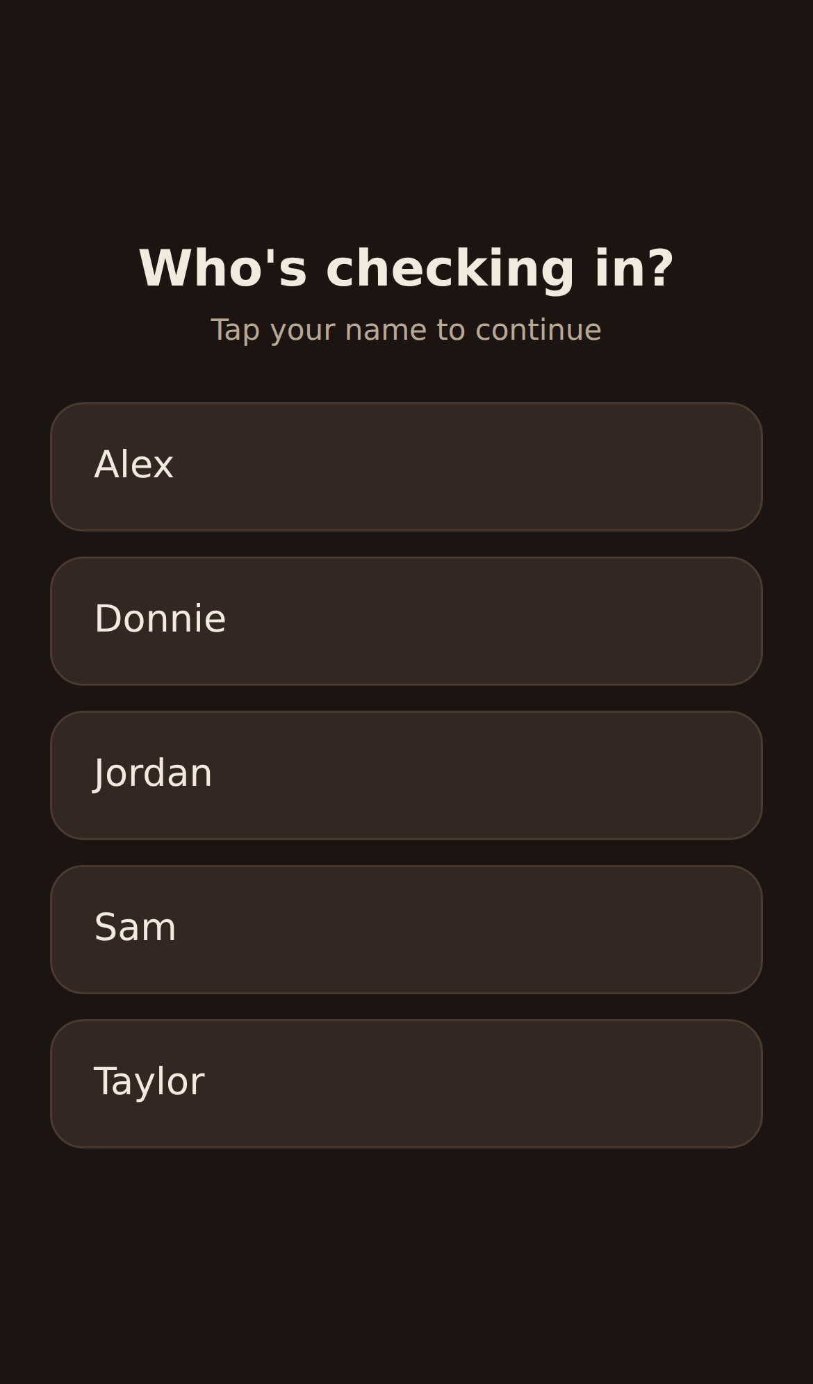 Login screen with bartender roster
